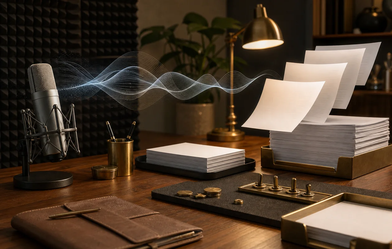 Illustration for Nuance Dragon: editorial workflow scene for Nuance Dragon with tool-related work objects