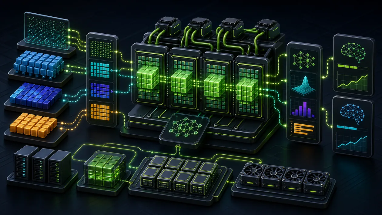 Illustration zu NVIDIA Tensor Core GPUs: Tensor-Kacheln laufen durch Beschleuniger und Trainingspfade