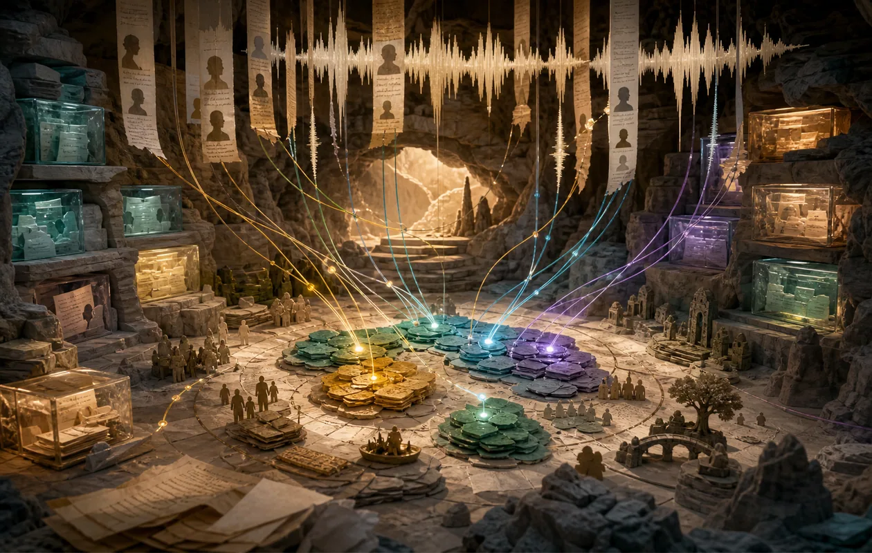 Illustration for NVivo: research fragments, coding threads, and archive lights form a qualitative evidence cave