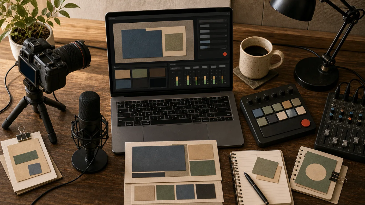 Illustration for OBS Studio: streaming workspace with camera, microphone and scene control