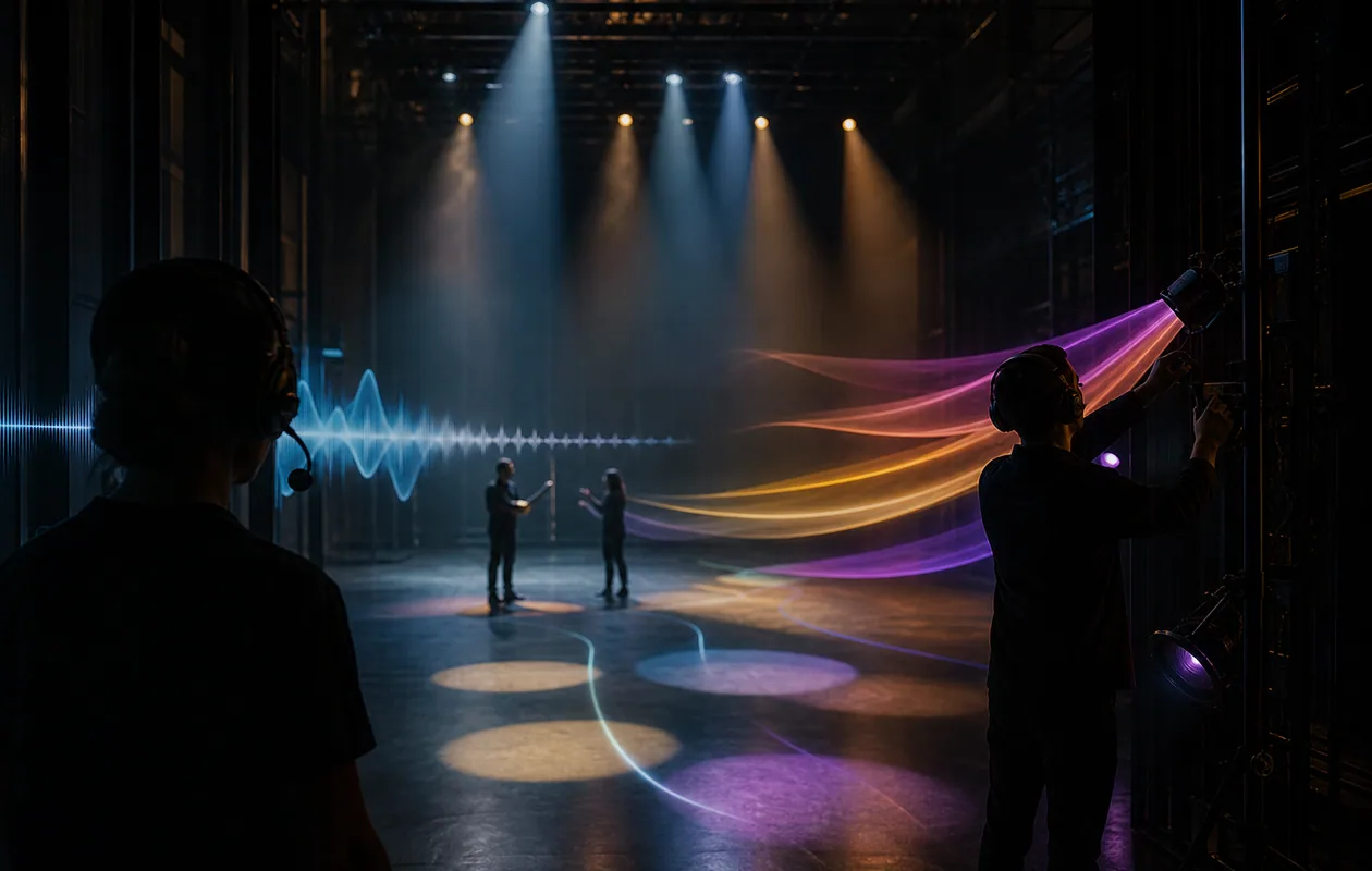 Illustration for Observe.AI: voice waves become coaching light trails on a theater stage