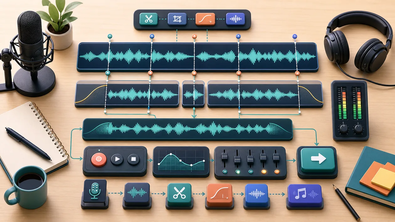 Illustration for Ocenaudio: Audio waves are cut, checked, and exported as a clean clip
