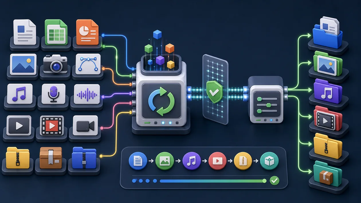 Illustration for Online-Convert: File types move through conversion paths into organized outputs
