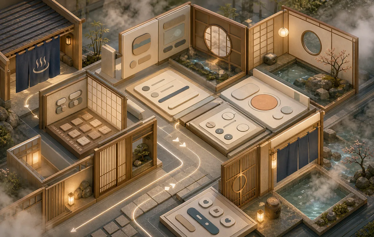 Illustration zu Onsen UI: mobile Komponenten erscheinen als ruhige Badehaus-Architektur aus Modulen und Wegen