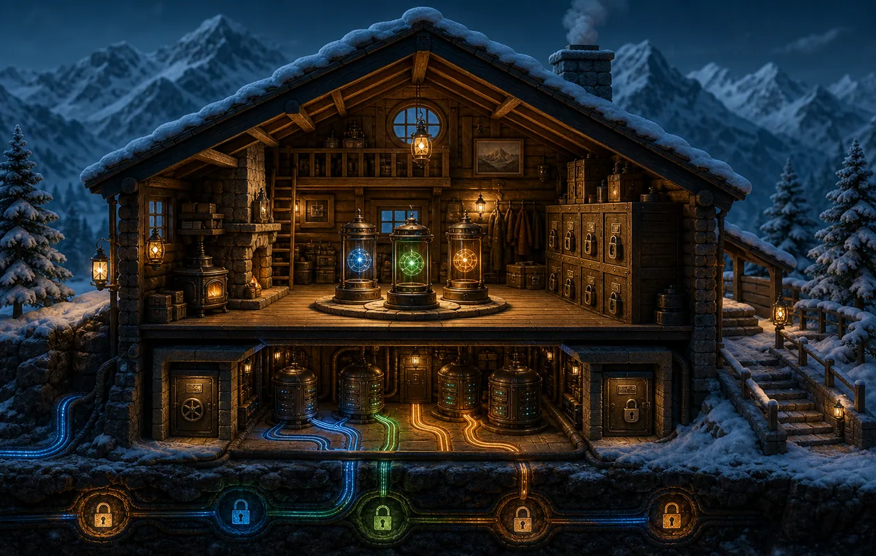 Illustration for Open WebUI: a protected mountain lodge organizes local model capsules and private data routes