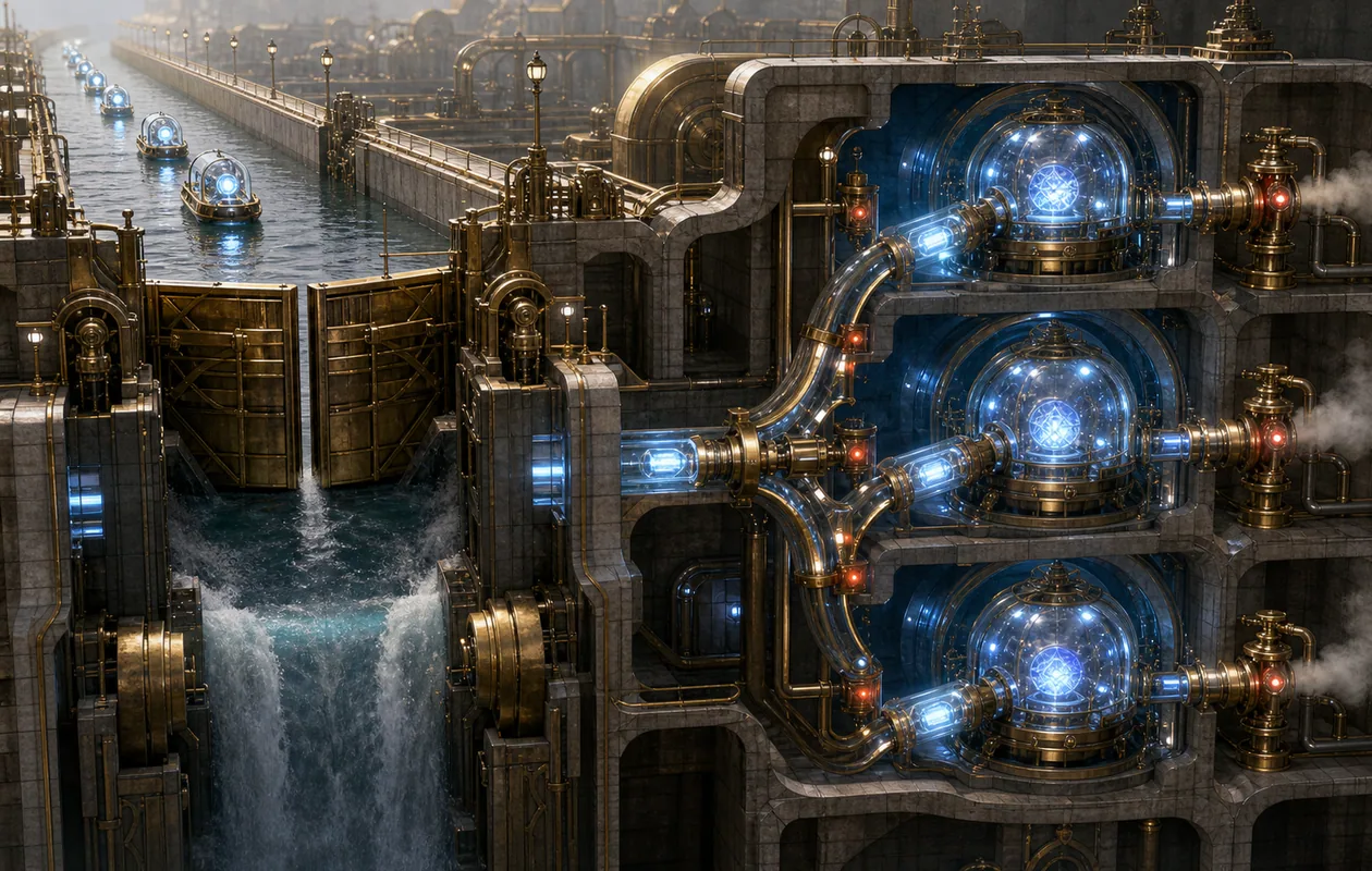 Illustration for OpenAI API: request capsules pass through locks, model chambers, and safety valves