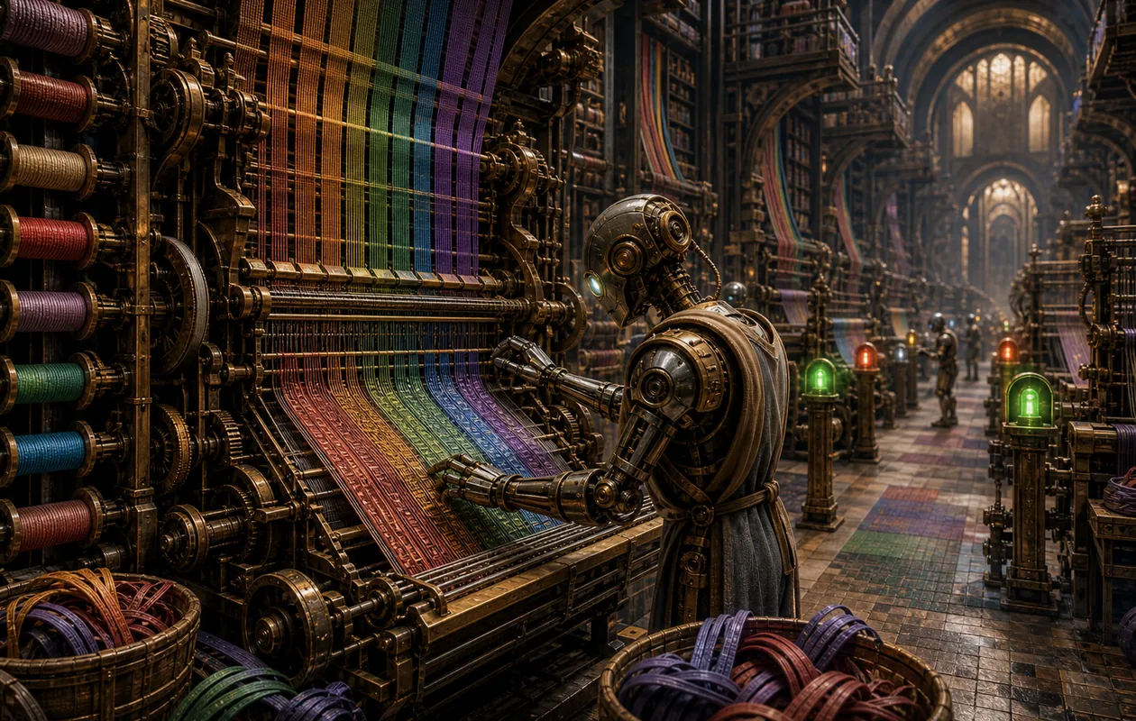 Illustration for OpenAI Codex: colored code threads are woven into software structures in a mechanical loom