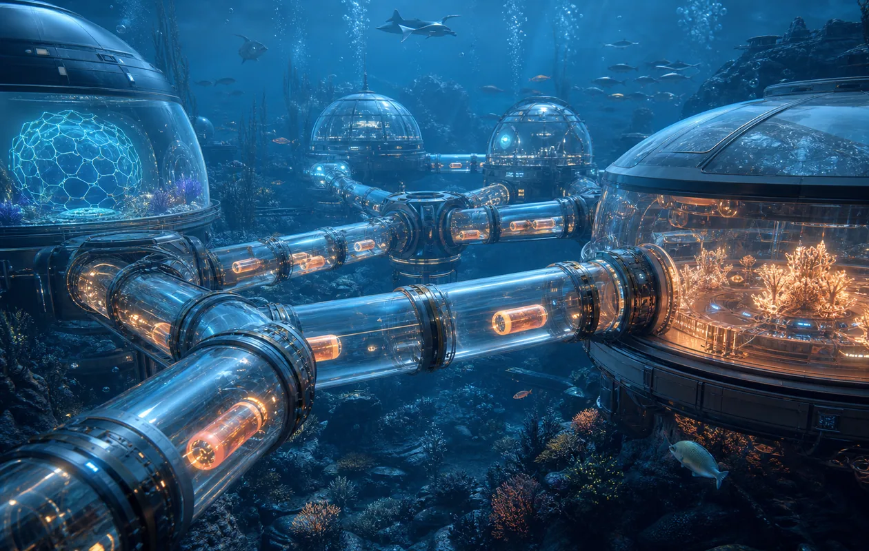 Illustration for OpenAI GPT API: glowing message capsules travel through an underwater research station