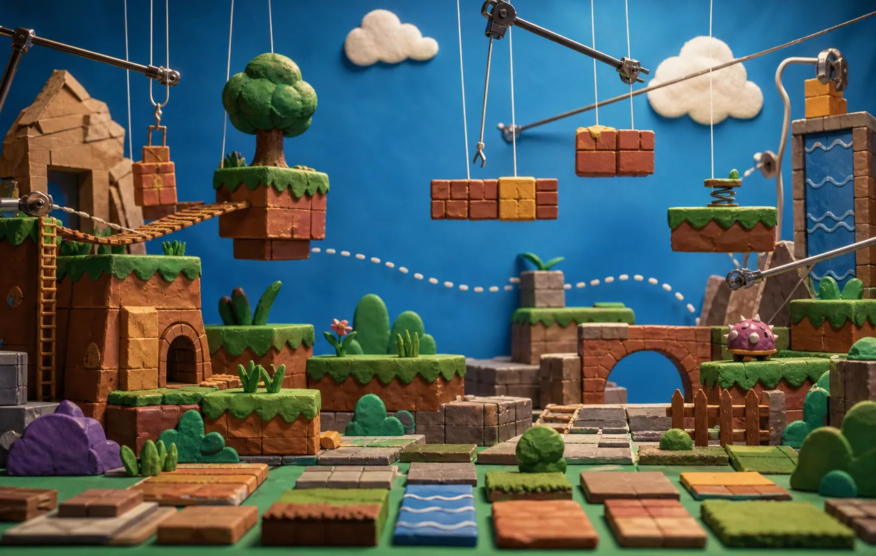 Illustration for OpenClaw: modular level pieces form a handmade side-scrolling stage set