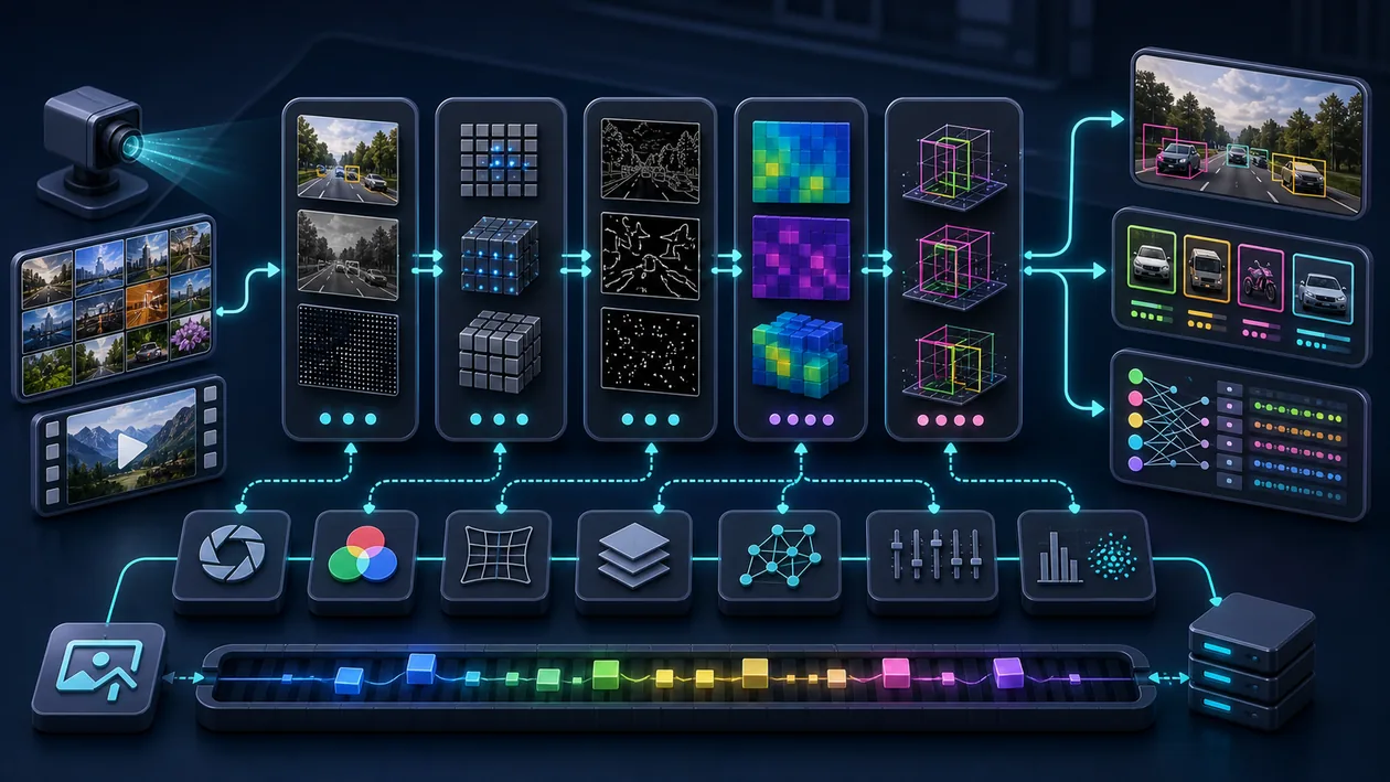 Illustration for OpenCV: Image tiles are processed into contours, features, and recognition signals