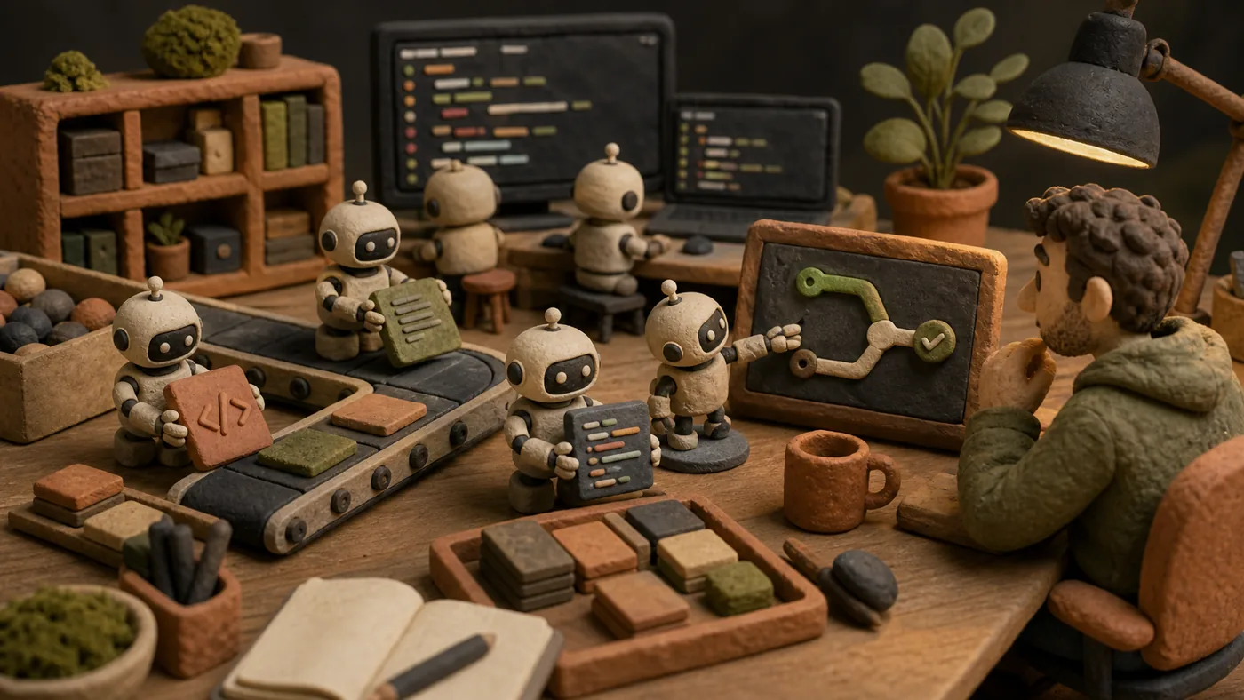 Illustration for OpenHands: small coding agents passing tasks through a supervised workshop