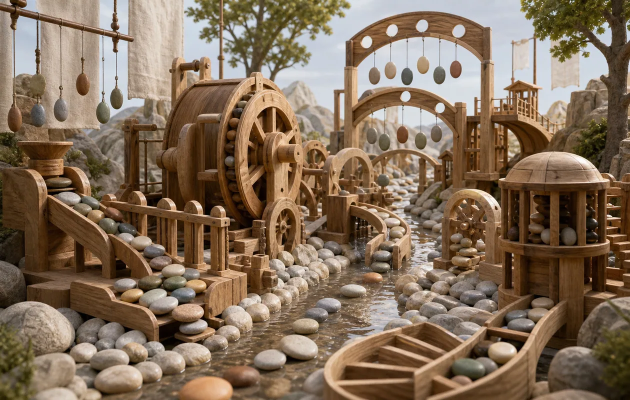 Illustration for OpenNLP: blank token stones move through wooden machines, bridges, and sorting arches