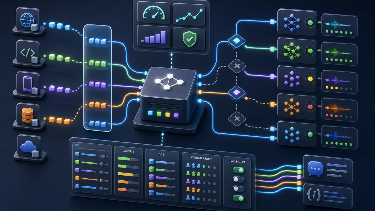 Illustration for OpenRouter: AI requests are routed through paths to suitable model endpoints