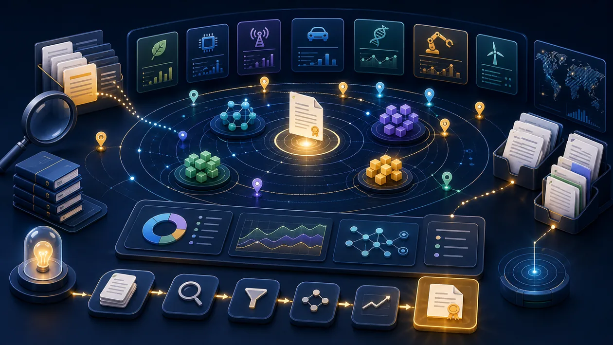 Illustration zu Orbit Intelligence: Patent- und Marktsignale bilden eine Innovationslandschaft