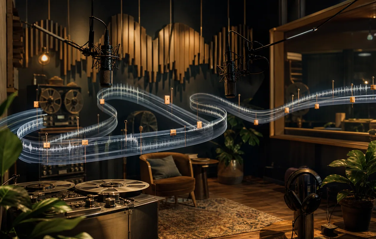 Illustration for Otter.ai: conversation waves flow through a recording studio of tape paths and acoustic panels