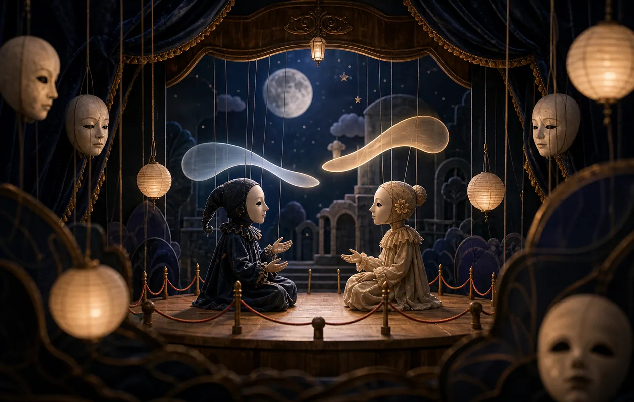 Illustration for Owo: character conversations appear as masks, light ribbons, and boundaries on a moonlit stage