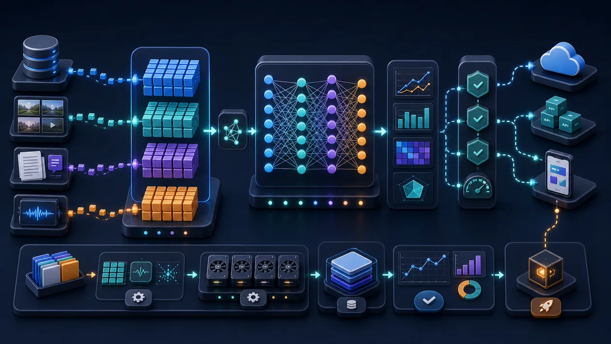 Illustration for Paddle: Data arrays move through model layers, training, and inference checks