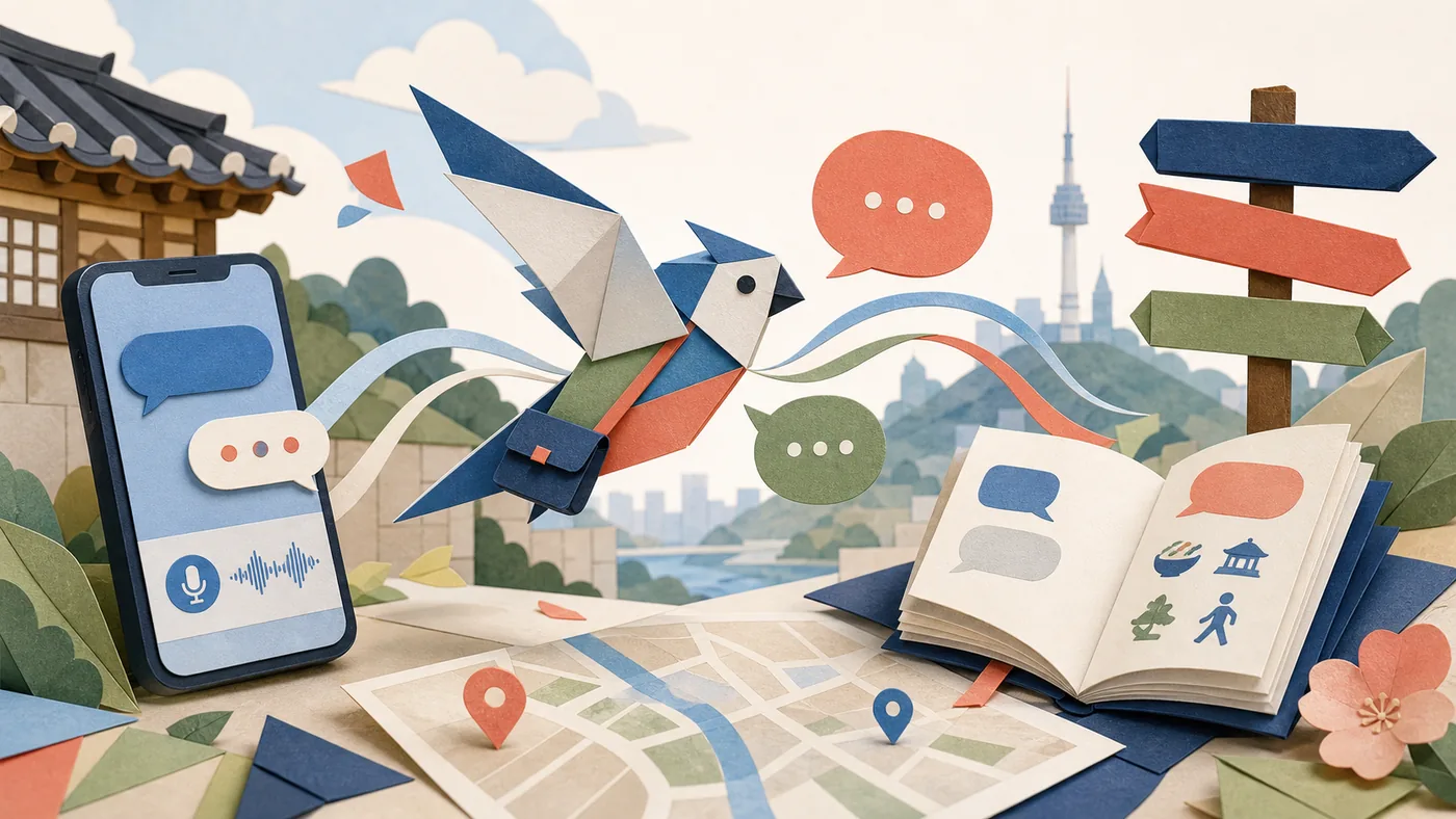 Illustration for Papago: an origami messenger guiding speech bubbles through a travel scene