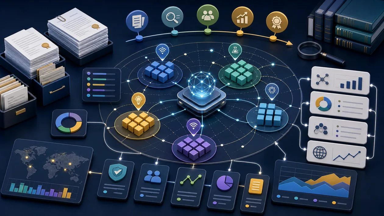 Illustration for PatSnap: Patent data, technology fields, and market signals are linked strategically