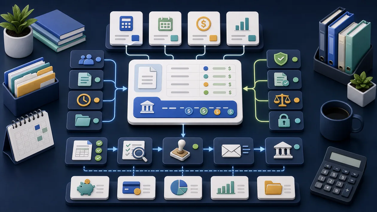 Illustration for Paychex Flex: HR cards, payroll paths, and compliance checks are organized