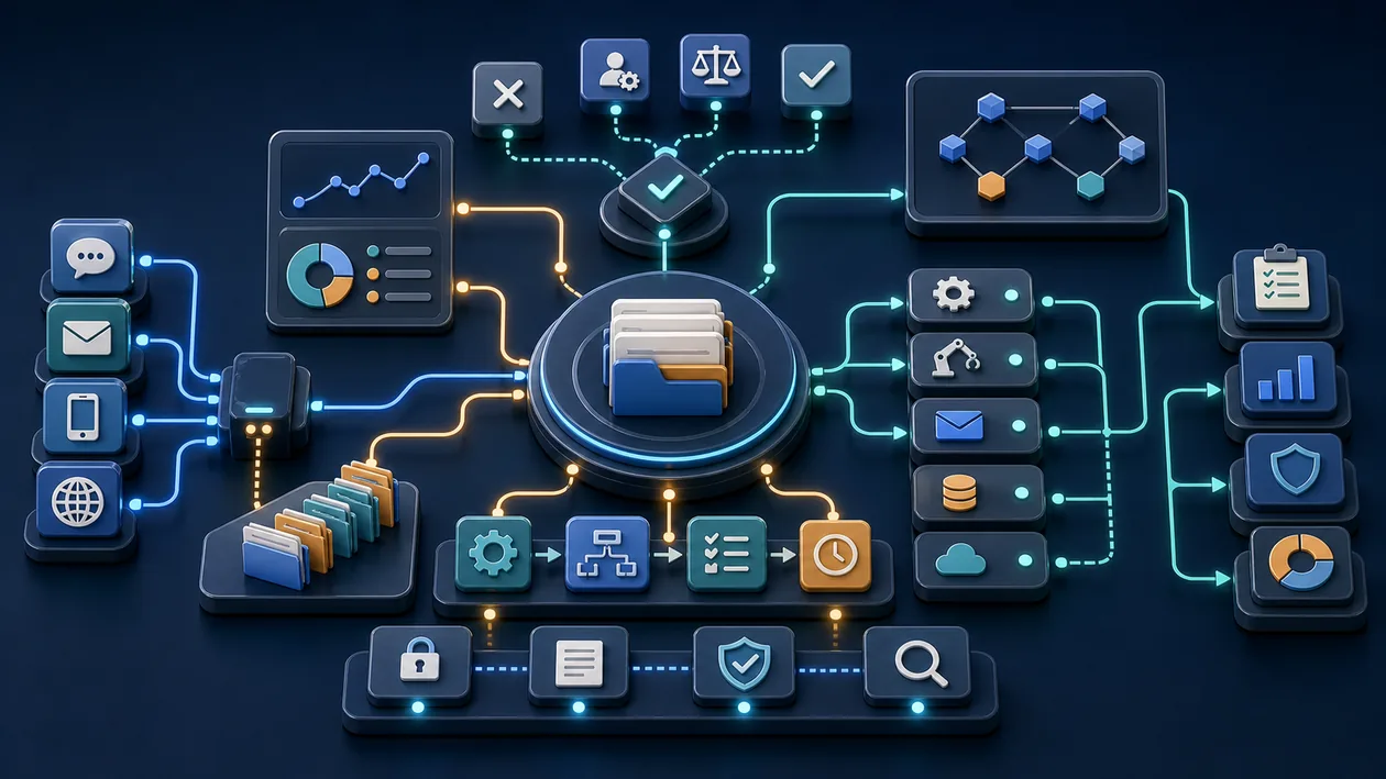 Illustration for Pega: Cases move through decision paths, process stages, and automation