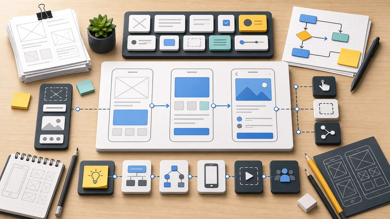 Illustration for Pencil: Wireframes and components are arranged into a prototype flow