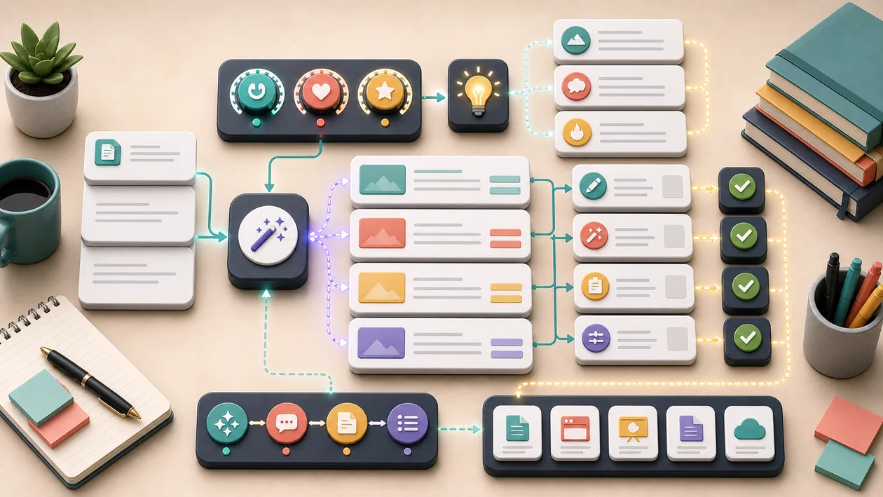 Illustration for Peppertype.ai: Briefing cards become content variants through tone and review paths
