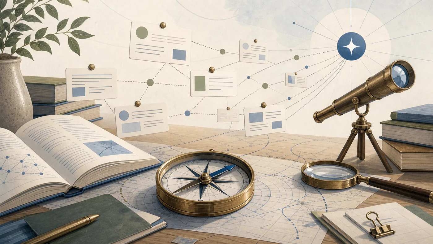Illustration zu Perplexity: Recherchekompass zwischen Quellenkarten, Büchern und Fragen