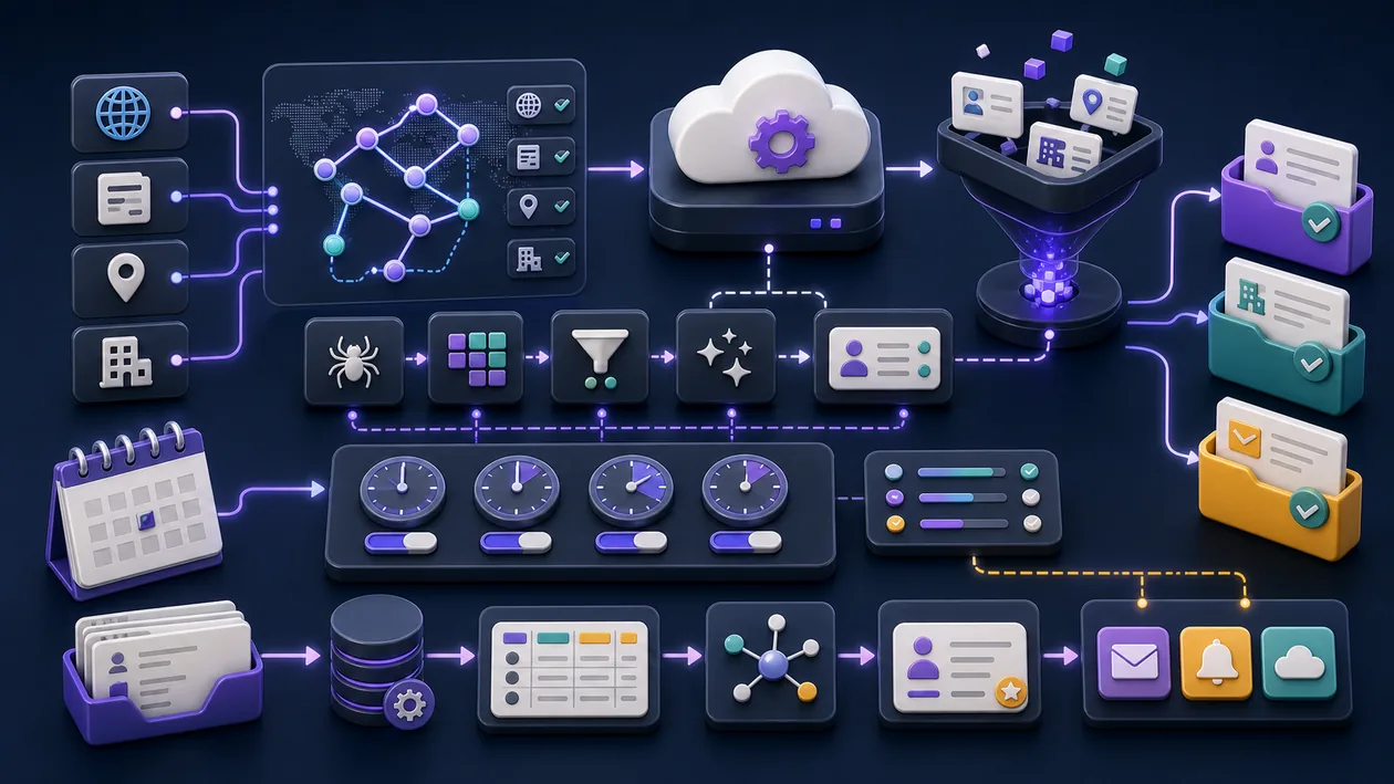 Illustration for PhantomBuster: Web signals are extracted, cleaned, and routed into workflows