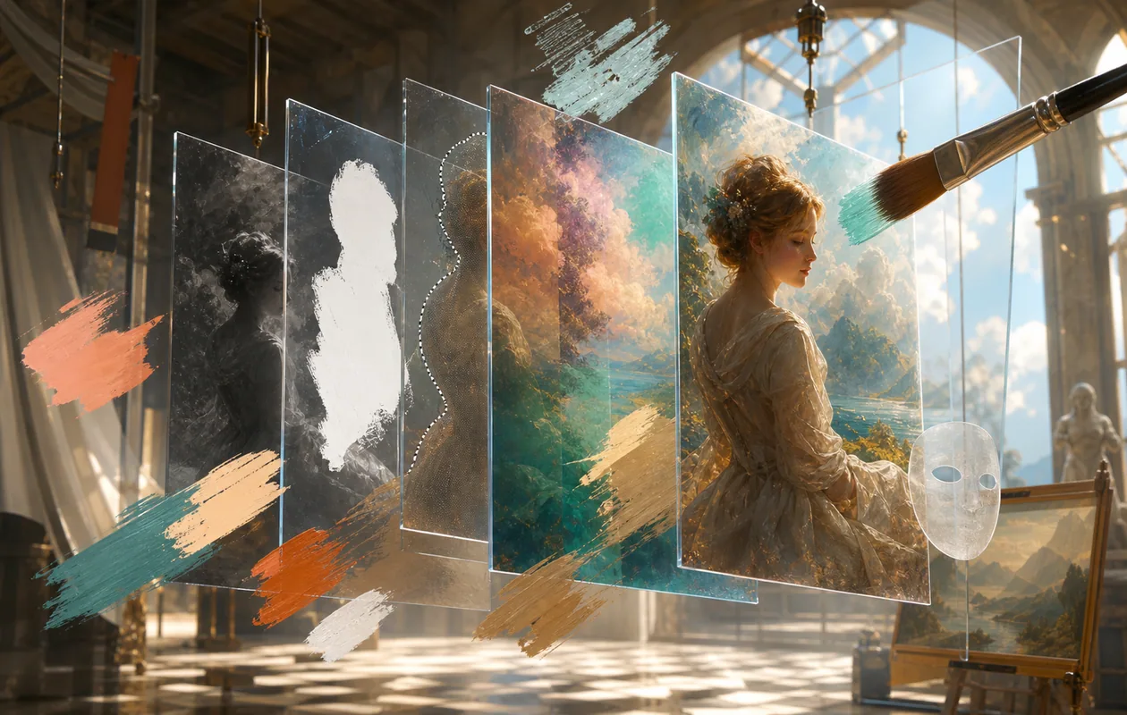 Illustration for Photopea: glass layers, masks, and color panels float inside a restoration atelier