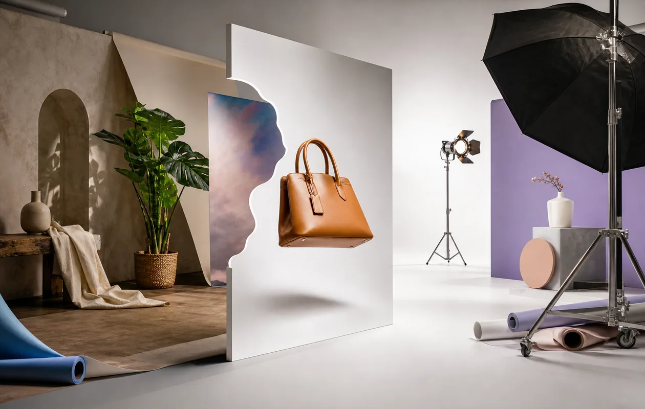 Illustration for PhotoRoom: product objects separate cleanly from old backgrounds inside a photo studio