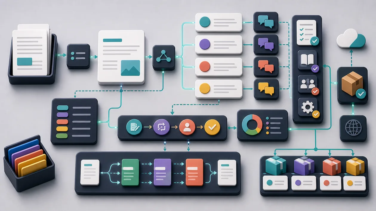 Illustration for Phrase: Content moves through terminology, translation, and review for localization
