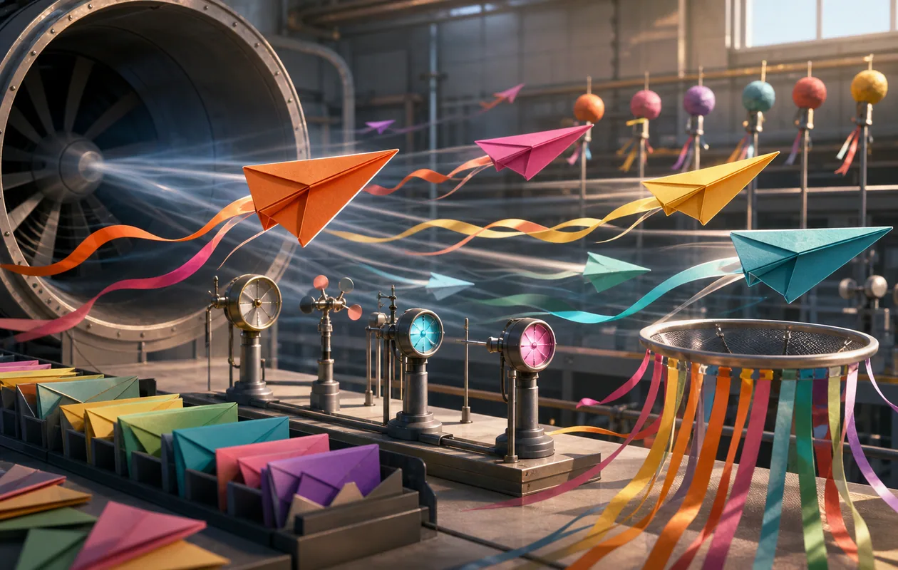 Illustration for Phrasee: paper messages are tested for lift, tone, and response inside a wind tunnel