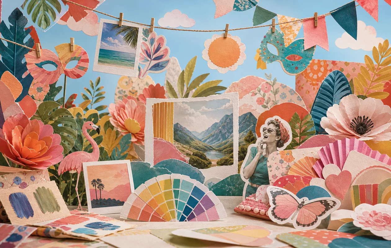 Illustration for PicMonkey: collage shapes, color swatches, and image frames hang inside a creative garden