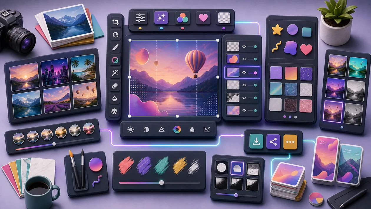 Illustration for Picsart: Photos, effects, and layout cards combine into social graphics