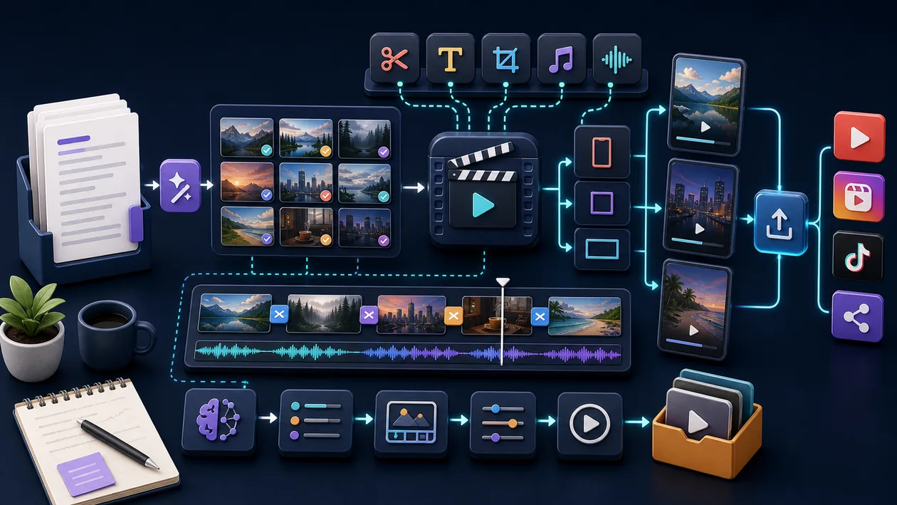 Illustration for Pictory: Scripts are turned into scenes, clips, and export paths for videos