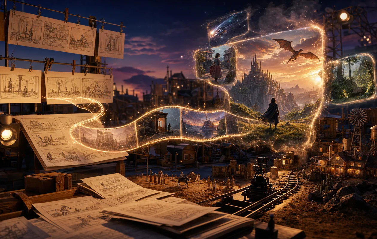 Illustration for Pika: film frames unfold into glowing motion trails on a backlot