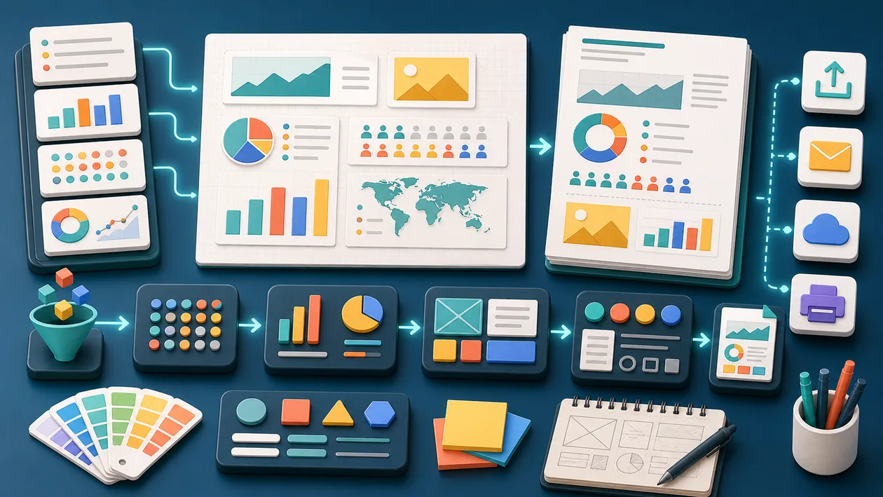 Illustration for Piktochart: Data cards are organized into charts, infographics, and report pages