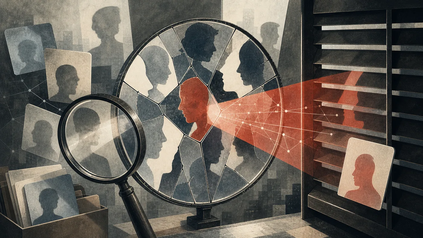Illustration for PimEyes: abstract face silhouettes appearing in mirrors and privacy shutters