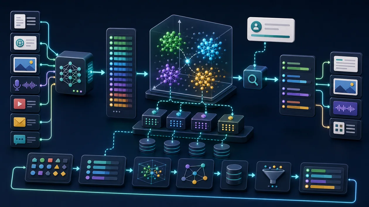 Illustration for Pinecone: Data points are indexed as embeddings and retrieved semantically