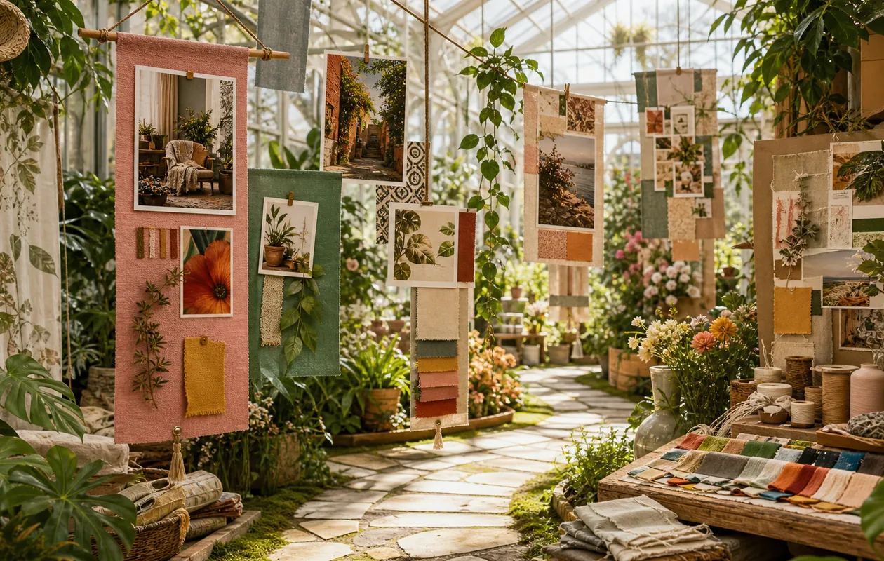 Illustration zu Pinterest: Inspirationsbilder und Farbfelder bilden Wege in einem botanischen Ideenraum
