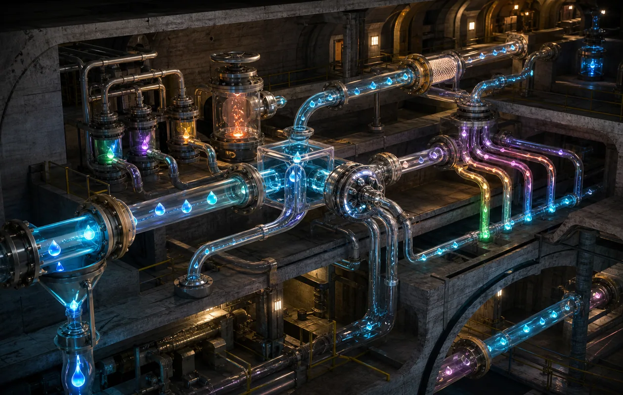 Illustration for Pipedream: event streams move through transparent pipes, valves, and branches