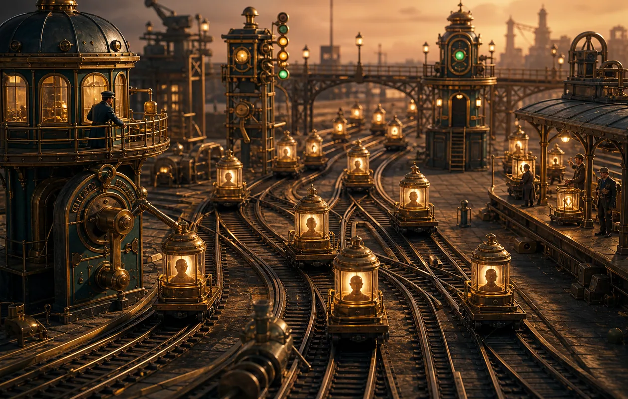 Illustration for Piper AI: prospect lights travel through a rail network of signals and handoffs