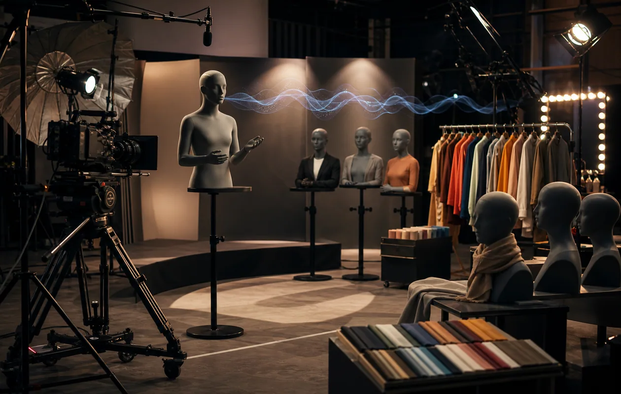 Illustration for Pipio: avatar production appears as a film studio with lighting, wardrobe, and voice lines