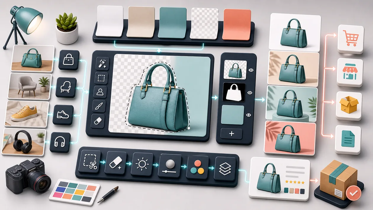 Illustration for Pixelcut: Product photos are cut out, cleaned, and prepared for shop visuals