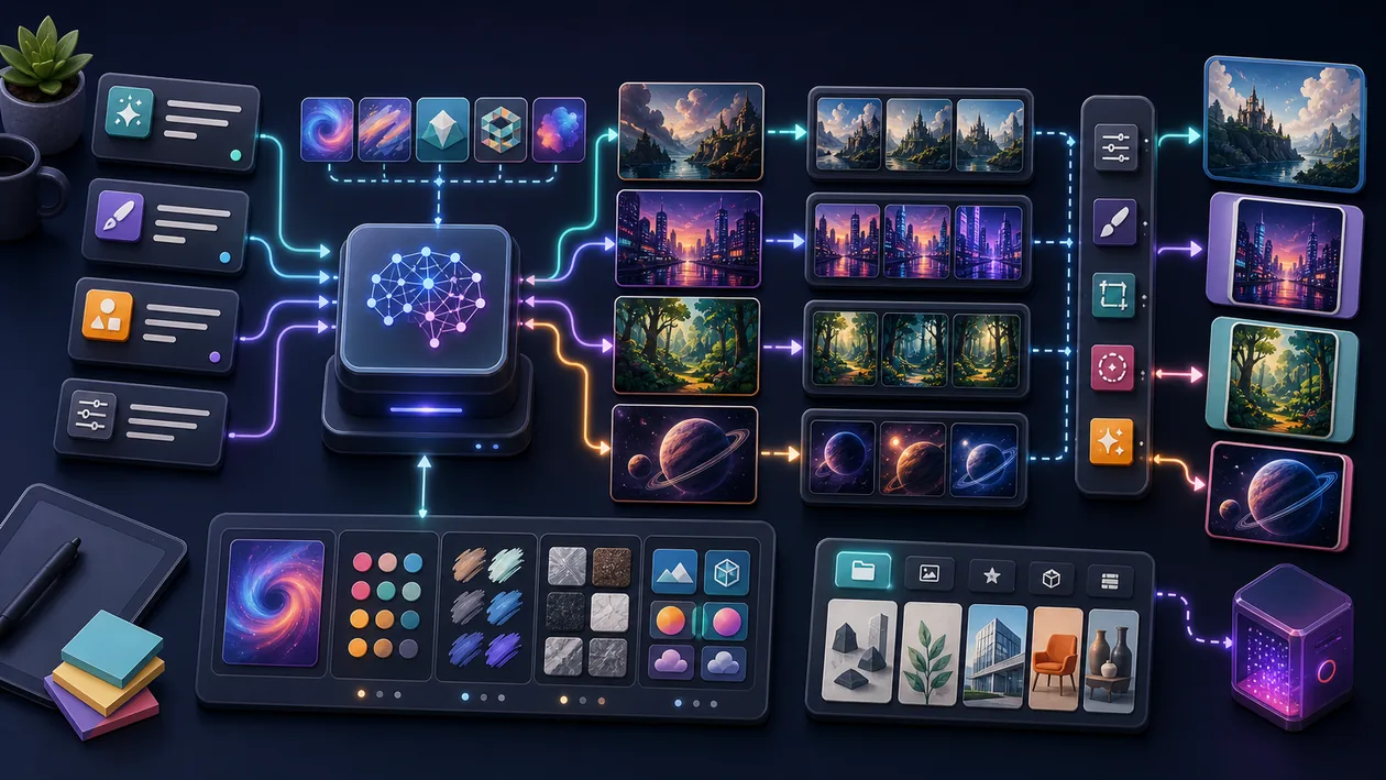 Illustration for Pixero AI: Prompt cards generate image variants, style branches, and asset outputs