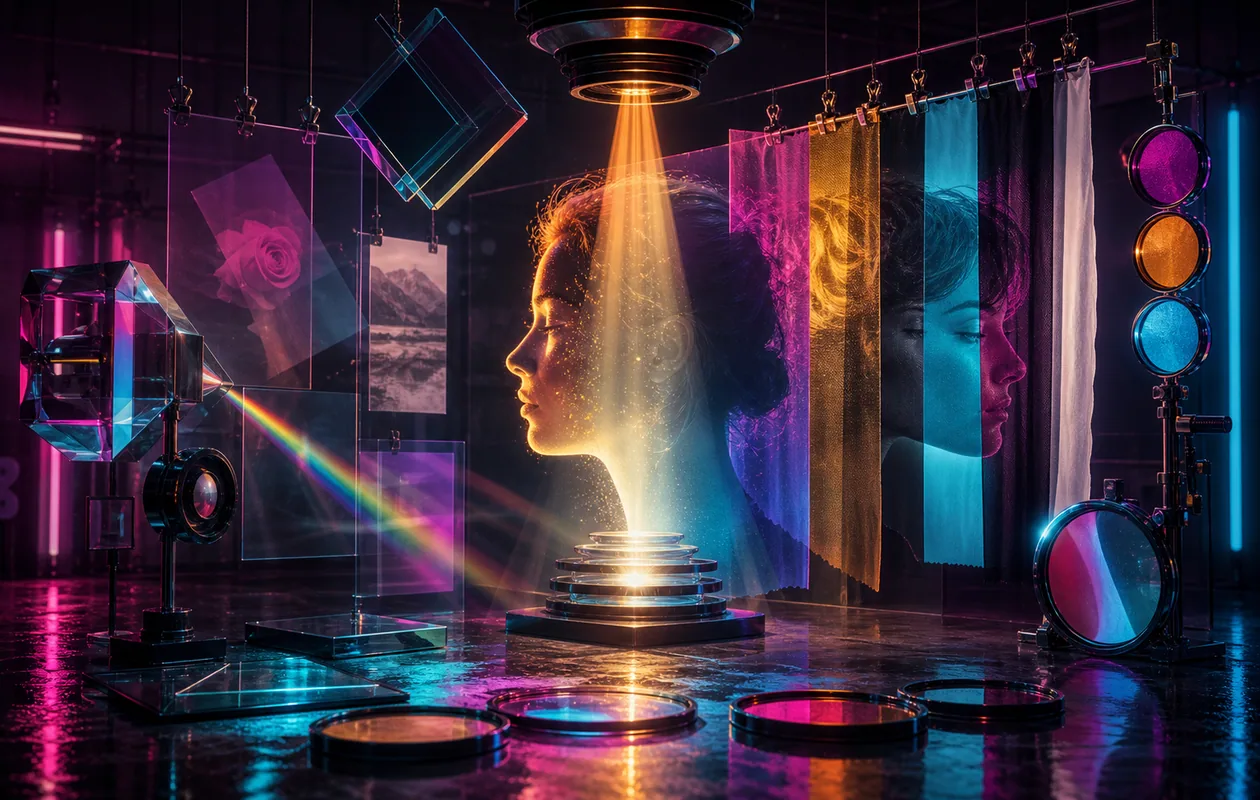 Illustration for Pixlr: color prisms, masks, and light layers shape an image in a neon darkroom