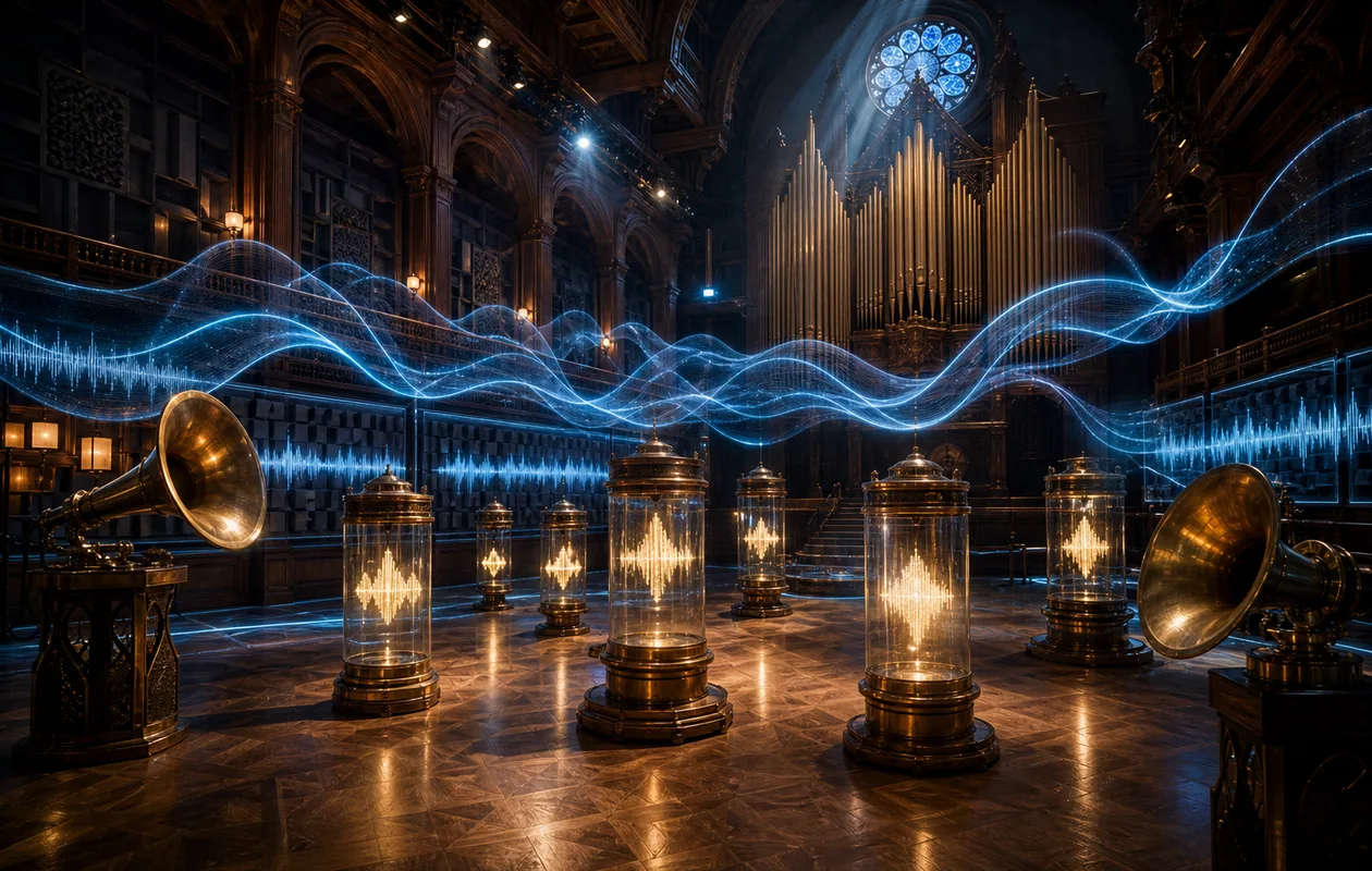 Illustration for Play.ht: voice ribbons resonate through a concert hall of organ pipes and sound capsules