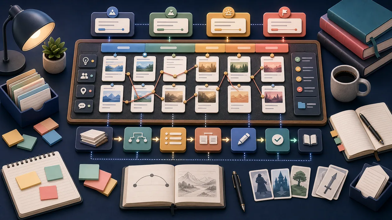 Illustration for Plot: Scene cards and timelines form a structured story arc