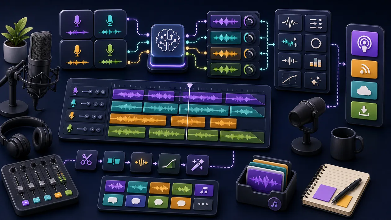Illustration for Podcastle: Multitrack recordings are cleaned, edited, and bundled for publishing